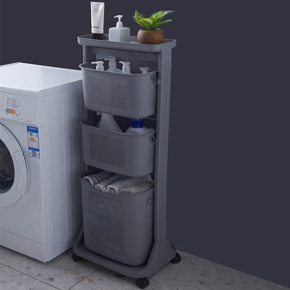 Goedkoopste 3-manden wasmand met wielen - ruimtebesparend en uittrekbaar - grijs wassorteerder