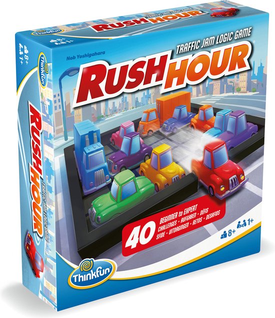 Doos van het spel Rush Hour met een verkeersopstopping en gekleurde auto's op een spelbord.
