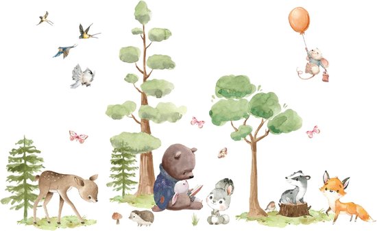 Muursticker Chambre d'enfant - Chambre de bébé - Ours qui lit - Forêt - Animaux - Dessin animé - 100x62cm - Garçon - Fille - PVC autocollant