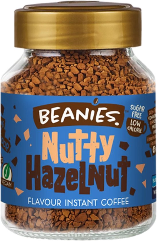 Foto: Beanies instant koffie nutty hazelnut koffie flavoured hazelnoot oploskoffie koffiegeschenk