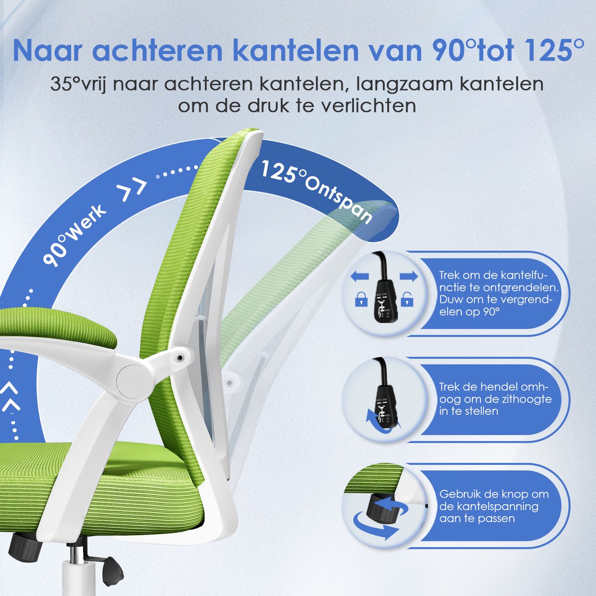 Elekiatech Ergonomische Bureaustoel - Bureaustoel - Opklapbare Armleuningen - Bureaustoelen voor Volwassenen - 150 Kg - Groen-wit thumbnail 2