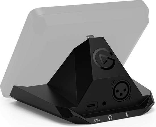 Achterkant van de zwarte XLR Dock met logo en aansluitingen, met grijze achtergrond.