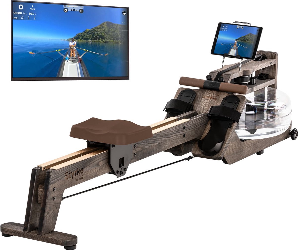 Skandika Styrke Waterroeitrainer – Roeitrainers – Roeiapparaat Fitness – Ontworpen en Gemaakt in Duitsland, roeier van hout, Kinomap app functie – Max. Gebruikersgewicht 180 kg - 211 x 54 x 68 cm (LxBxH) – Made in Germany – zwart hout/bruin