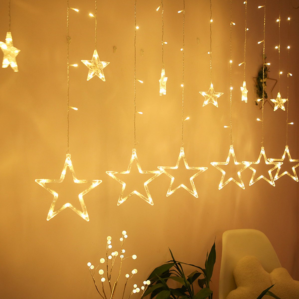 Kerstverlichting Sterrengordijn LED Lichtgordijn Sterren 138 LED 12 Sterren met 8 verlichtingsmodi warm licht Kerstverlichting Voor Binnen en Buiten