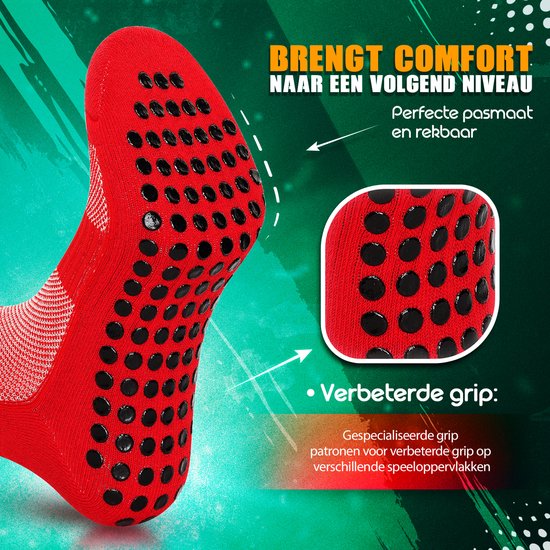 Détail d'une chaussette de sport rouge avec des picots antidérapants noirs. Texte : 'Grip amélioré' et 'Motifs de grip spécialisés'.