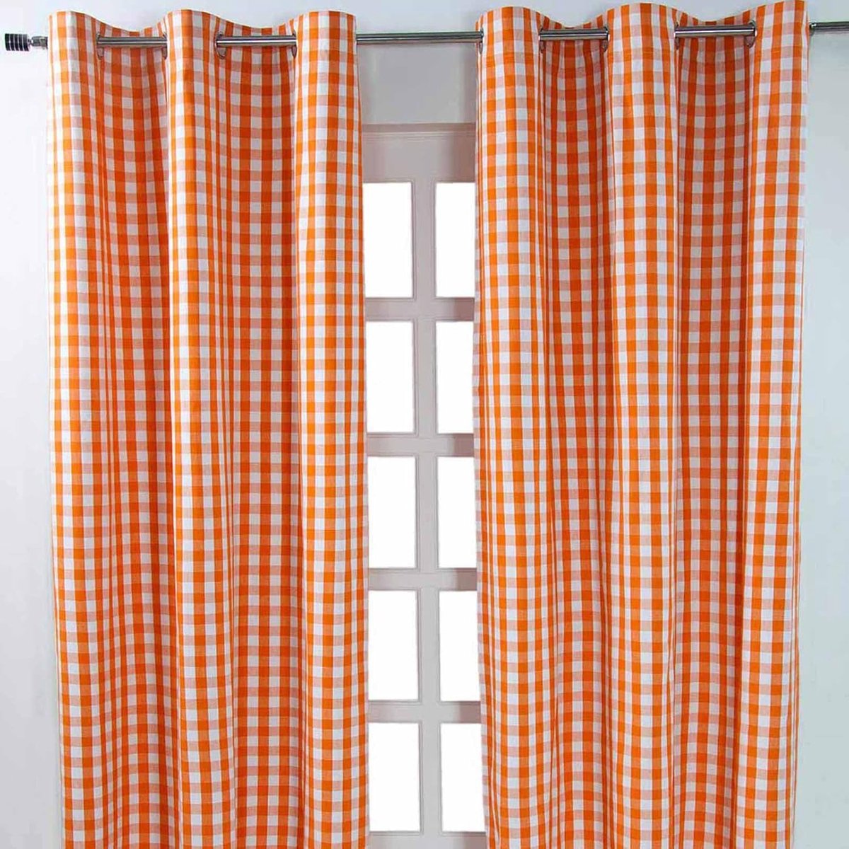 Homescapes Oranje geruit oogjesgordijn, set van 2 stuks, B 137 cm x L 182 cm