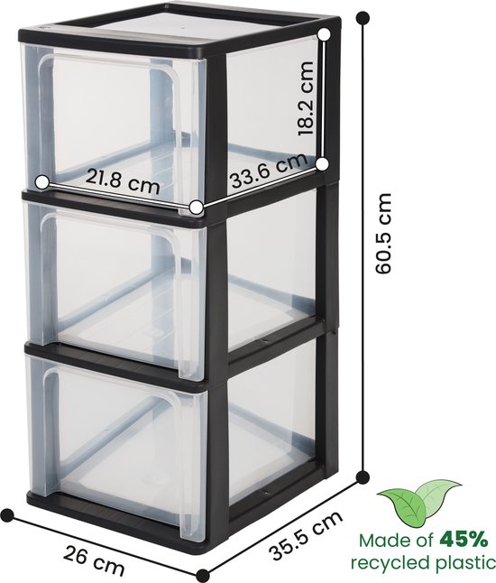 Drie transparante lades met zwarte randen, met afmetingen 60,5 cm hoog, 35,5 cm breed en 26 cm diep.