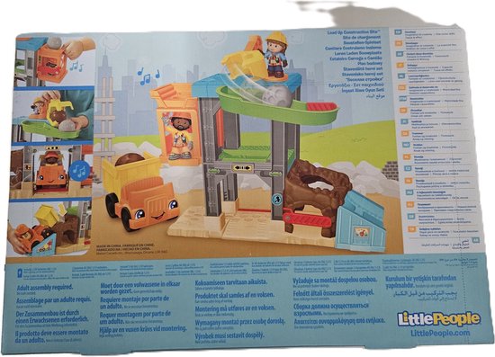 Achterkant van de verpakking met illustraties en uitleg over de leerniveaus van de bouwplaats-speelset.