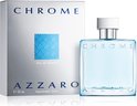 Een fles Azzaro Chrome Eau de Toilette van 50ml en de bijbehorende verpakking op een witte achtergrond.