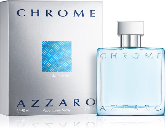 Een fles Azzaro Chrome Eau de Toilette van 50ml en de bijbehorende verpakking op een witte achtergrond.
