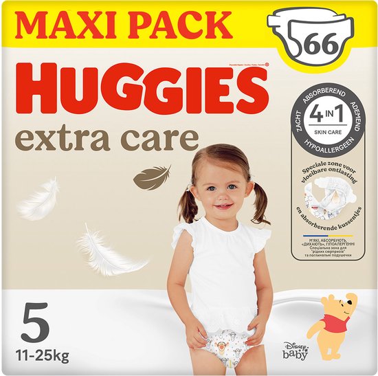 Huggies® Extra Care baby luiers, Maat 5 (11 tot 25 kg), 66 luiers met vochtindicator en Disney designs, Maxi Pack