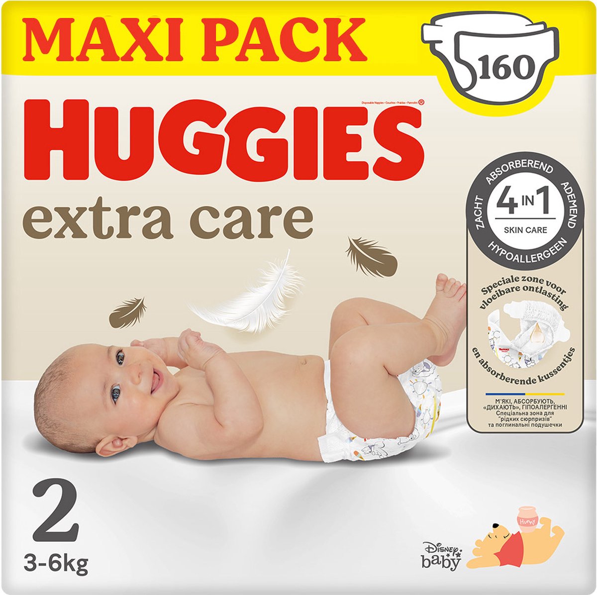 Goedkoopste Huggies® Extra Care baby luiers, Maat 2 (3 tot 6 kg), 160 luiers met vochtindicator en Disney designs, Maxi Pack