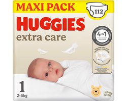 Huggies® Extra Care baby luiers, Maat 1 (2 tot 5 kg), 112 luiers met vochtindicator en Disney designs, Maxi Pack