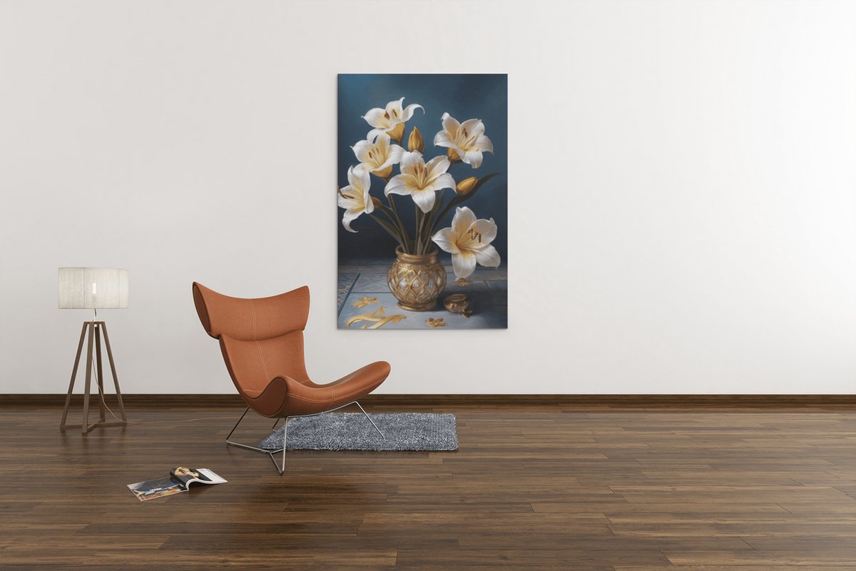 Trendex Global Canvas Schilderij - Bloemen in Gouden Vaas - Kunst - 150x100x2 cm Wit