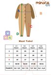Maattabel voor een baby romper met maten A, B, C en D in cm voor leeftijden 1-3, 3-6, 6-9 en 9-12 maanden.