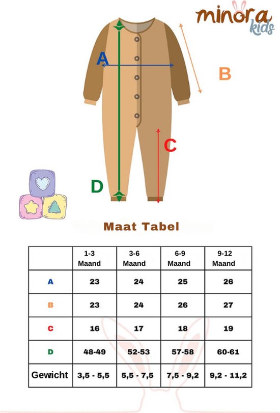 Maattabel voor een baby romper met maten A, B, C en D in cm voor leeftijden 1-3, 3-6, 6-9 en 9-12 maanden.