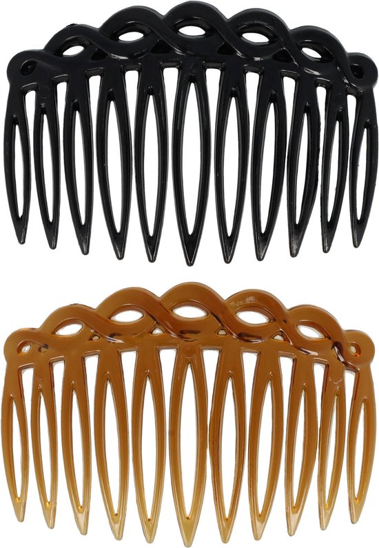 Set de peignes à cheveux à dents grossières Wave fantaisie 7,5 cm marron Zwart peignes de fixation 2 pièces