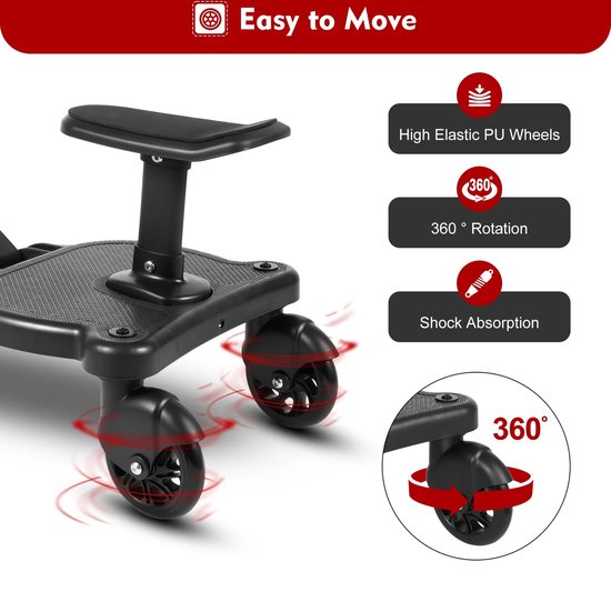 Eszenzics™ Meerijdplankje - Universele solide uitvoering - Flexibel instelbaar op kinderwagen- Veilig zitten of staan - Schokabsorberende PU wielen - Tot 25 kg / 3-7 jaar van Eszenzics™ — afbeelding 3
