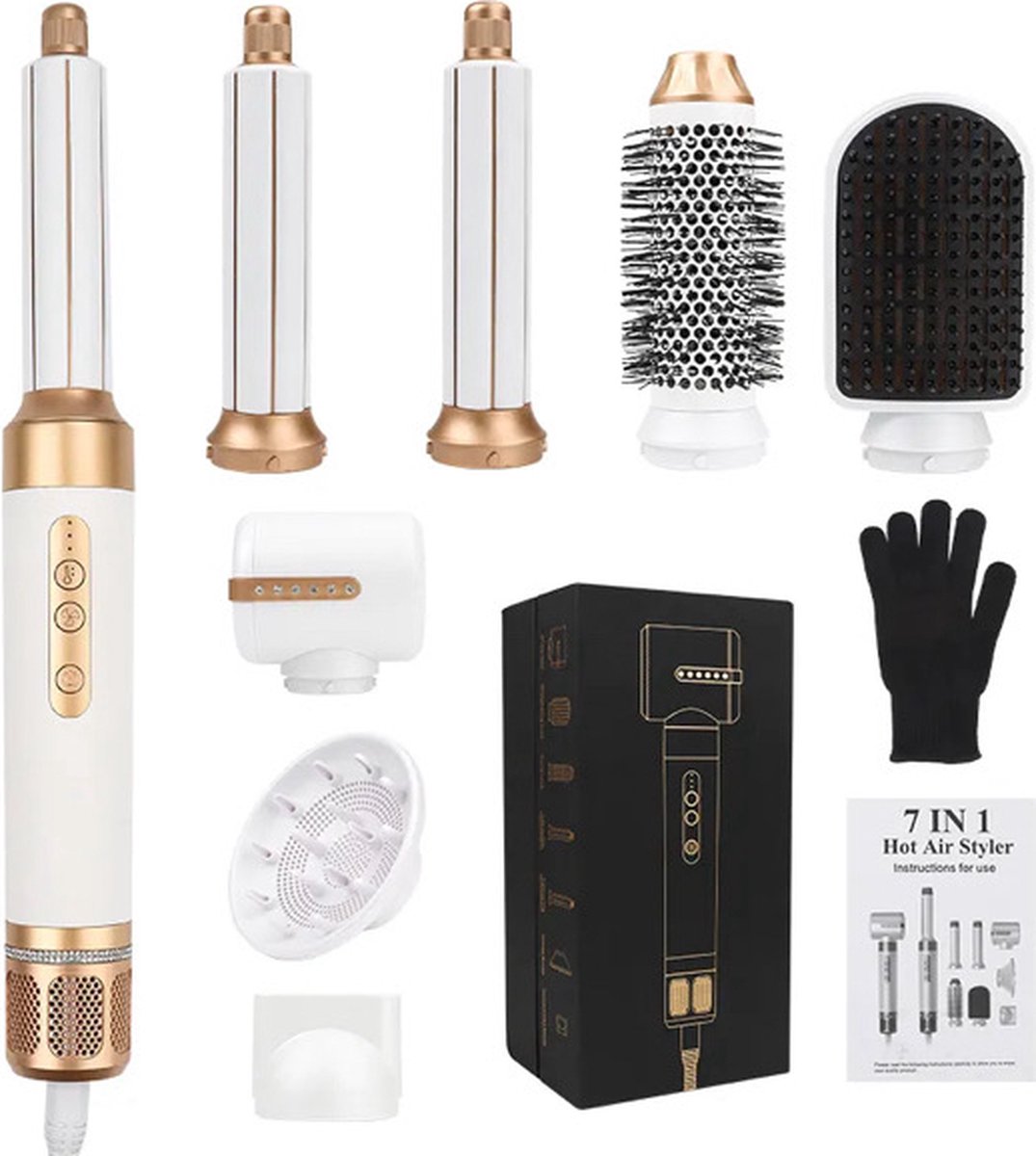 PTC Goods - 7 in 1 Hairwrap - 110.000RPM - Airstyler - Haarborstel - Föhn met Diffuser - krulborstel - Krultang - Haardroger - Föhnborstel - Stijltang - 1400W - Goud