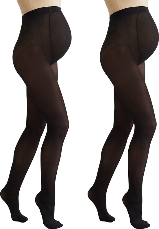 Zijzicht van een zwangere vrouw die een zwarte, ondoorzichtige panty draagt met een verstevigd kruis en voorgevormde buikondersteuning.