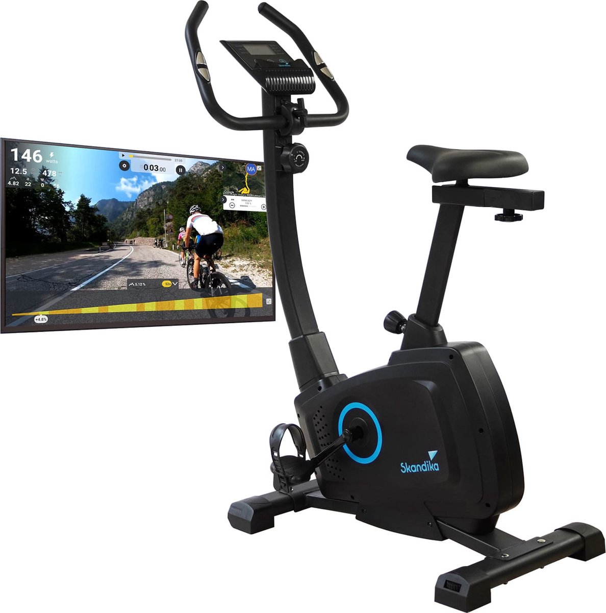 Skandika Bragi Hometrainer Fiets - Hometrainer – Hometrainer fitness, 7 kg vliegwielmassa, magneetremsysteem, Kinomap voor virtuele training, hoogteverstelling, indoorfiets met transportwielen, tablethouder  – zwart