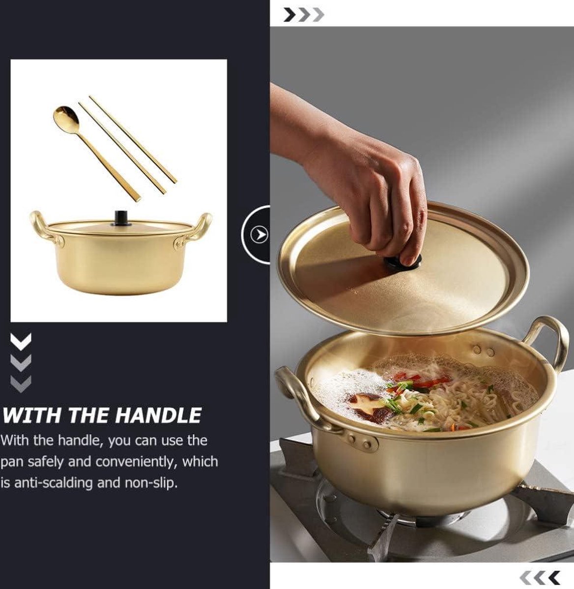 Ramen Pot Cooker Aluminium Ramyun Pot met deksel-lepel en staafje - Koreaanse kookgerei voor soep pasta stoofpot - goud 16 cm