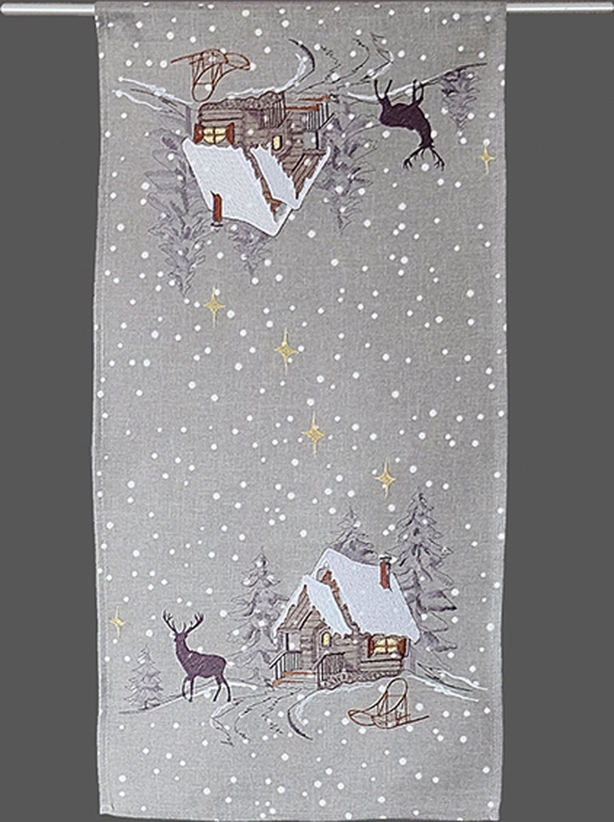 Tafelloper - Kerst - Grijs - Wintertafereel met sneeuwvlokken - Loper 40 x 85 cm