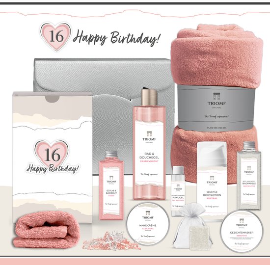 Geschenkset “16 Jaar, Happy Birthday!” - 10 producten - 900 gram | Cadeau Vrouw - Wellness Pakket Meisje - Giftset Deluxe Fleece deken - Cadeaupakket Zestien jaar - Verjaardag - Gefeliciteerd Cadeau - Sweet Sixteen Party - Gift Set - Roze