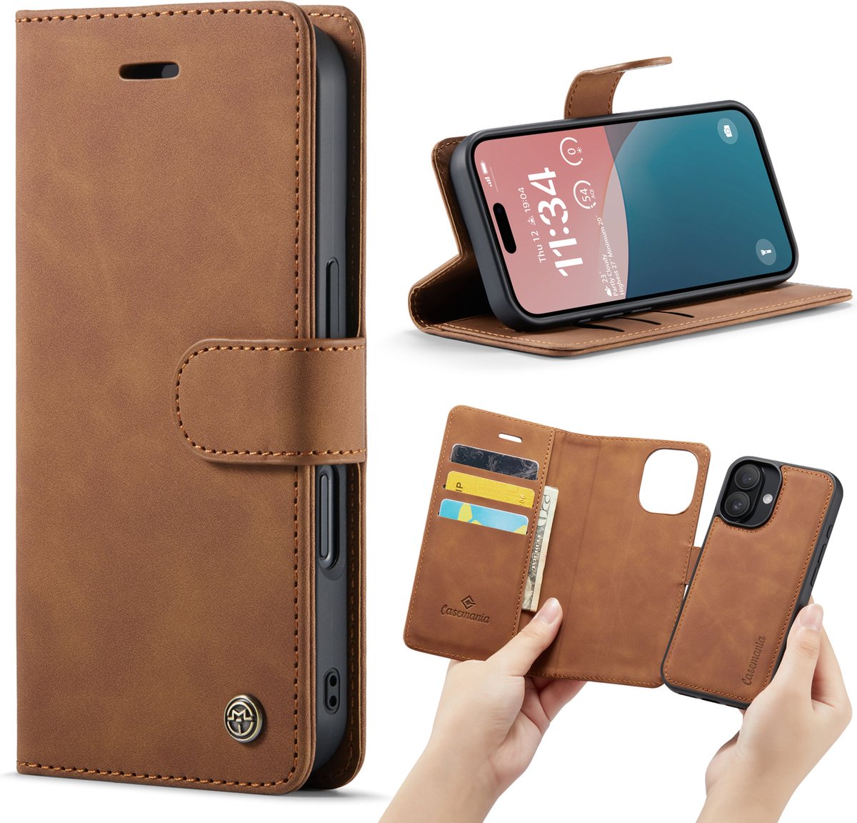 Casemania Hoesje Geschikt voor Apple iPhone 16 - Sienna Brown - 2 in 1 Magnetic Book Case