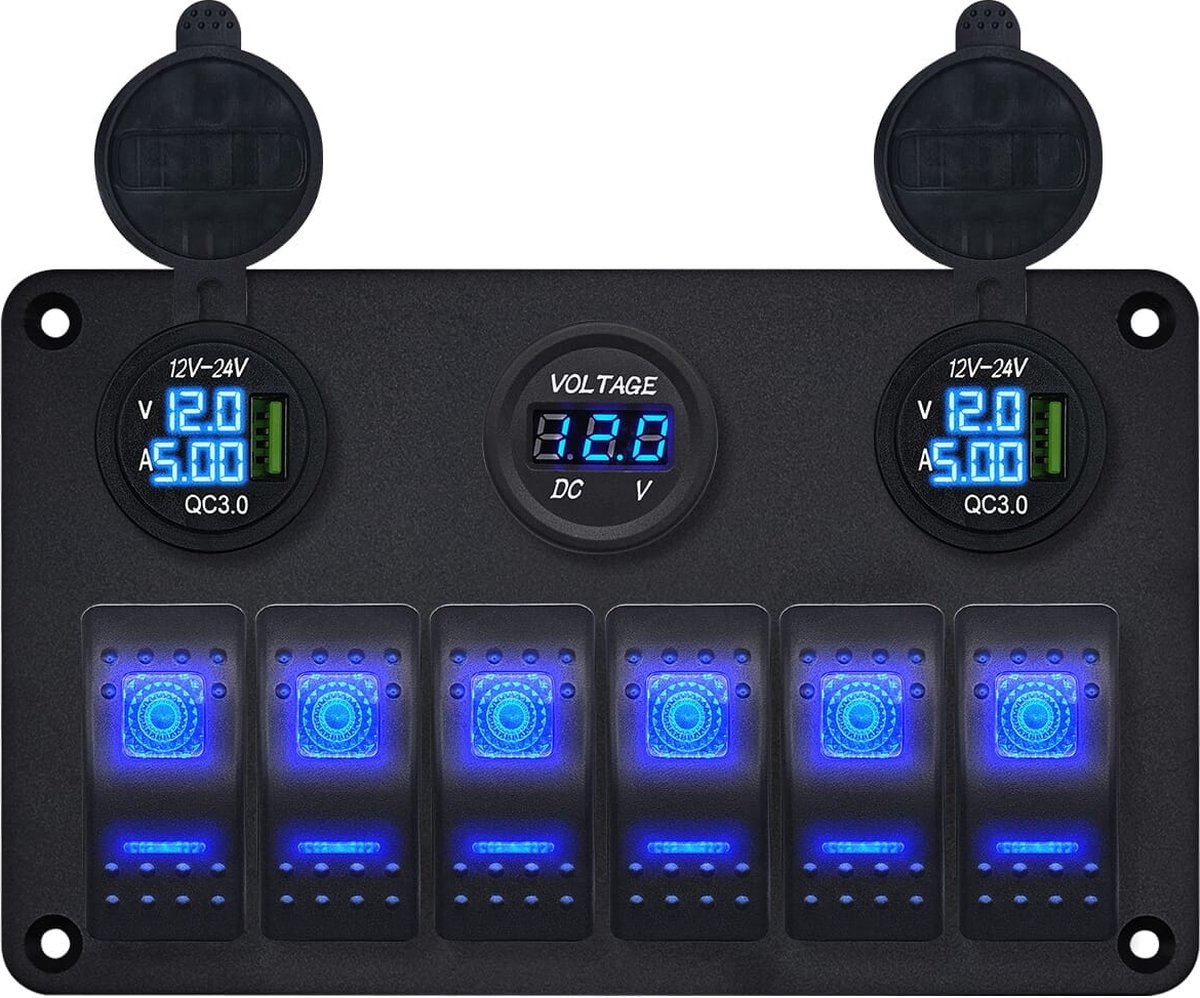 ProRide Schakelpaneel 12V voor Auto/Boot - USB Lader 2 Poorten met Voltmeter/Ampèremeter - QC3.0 - 6 Schakelaars