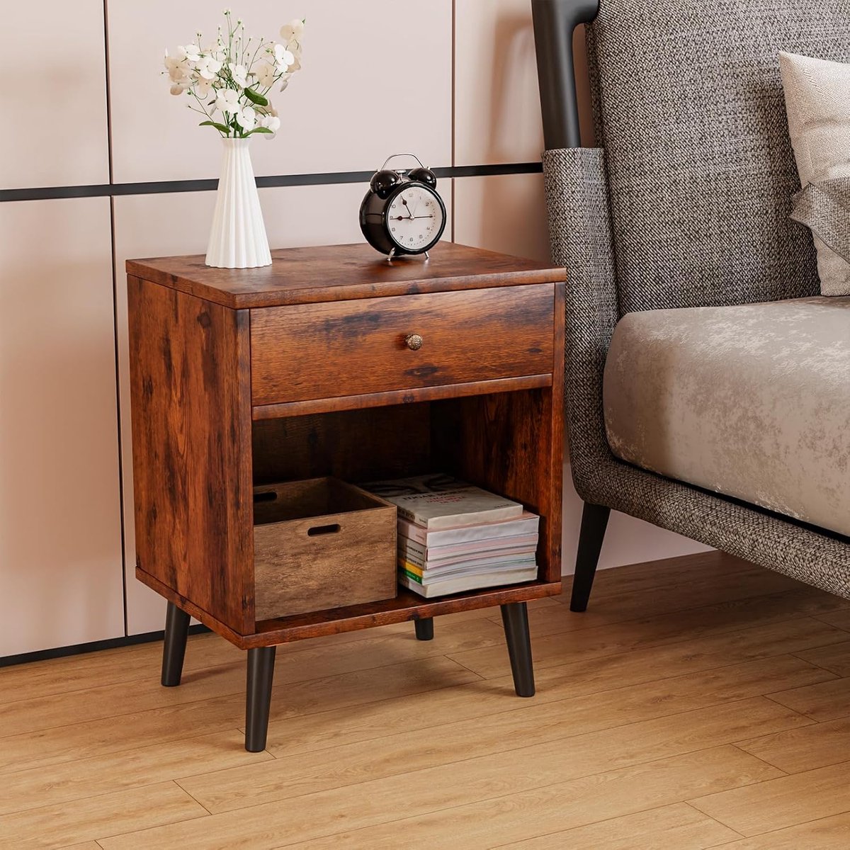 Goodivery ® Vintage Houten Nachtkastje met Lade en Open Schappen - Ideaal voor Slaapkamer en Woonkamer