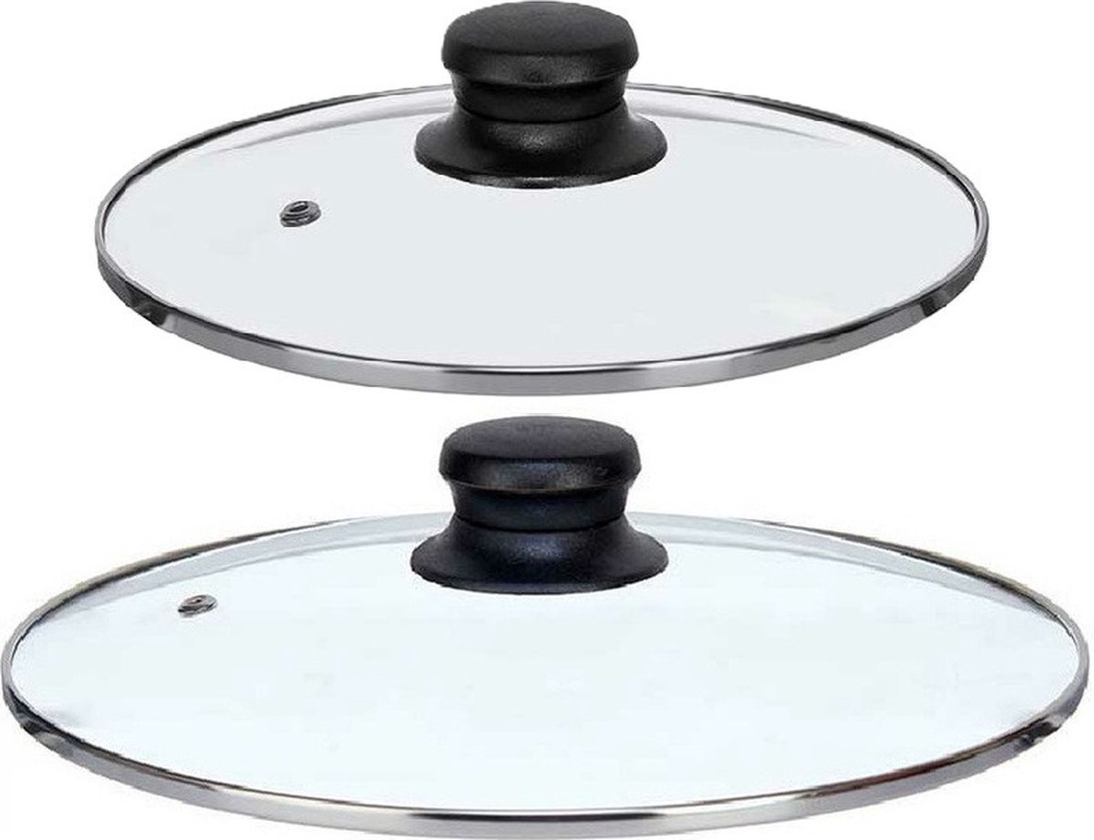 Kinvara Universele pannendeksel set - 2x stuks - Dia 24/20 cm - glas - stoomgaatje - voor diverse soorten pannen