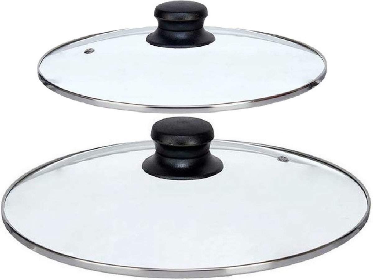Kinvara Universele pannendeksel set - 2x stuks - Dia 26/22 cm - glas - stoomgaatje - voor diverse soorten pannen