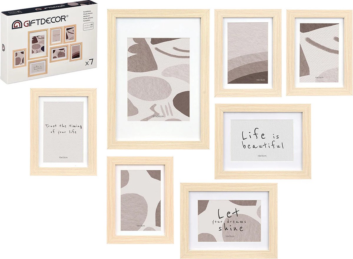 Gift Decor Collage fotolijst voor 7x foto - voor verschillende maten fotos - hout - Naturel look