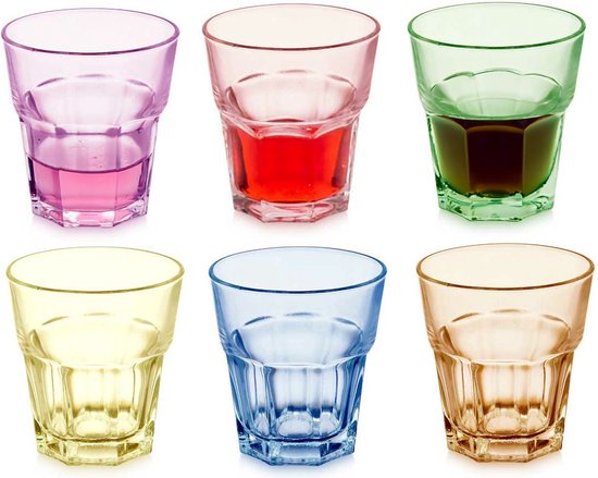 Foto: Vivalto waterglazen drinkglazen summervibes 6x stuks transparant kleurenmix 300 ml opvallende vrolijke kleuren