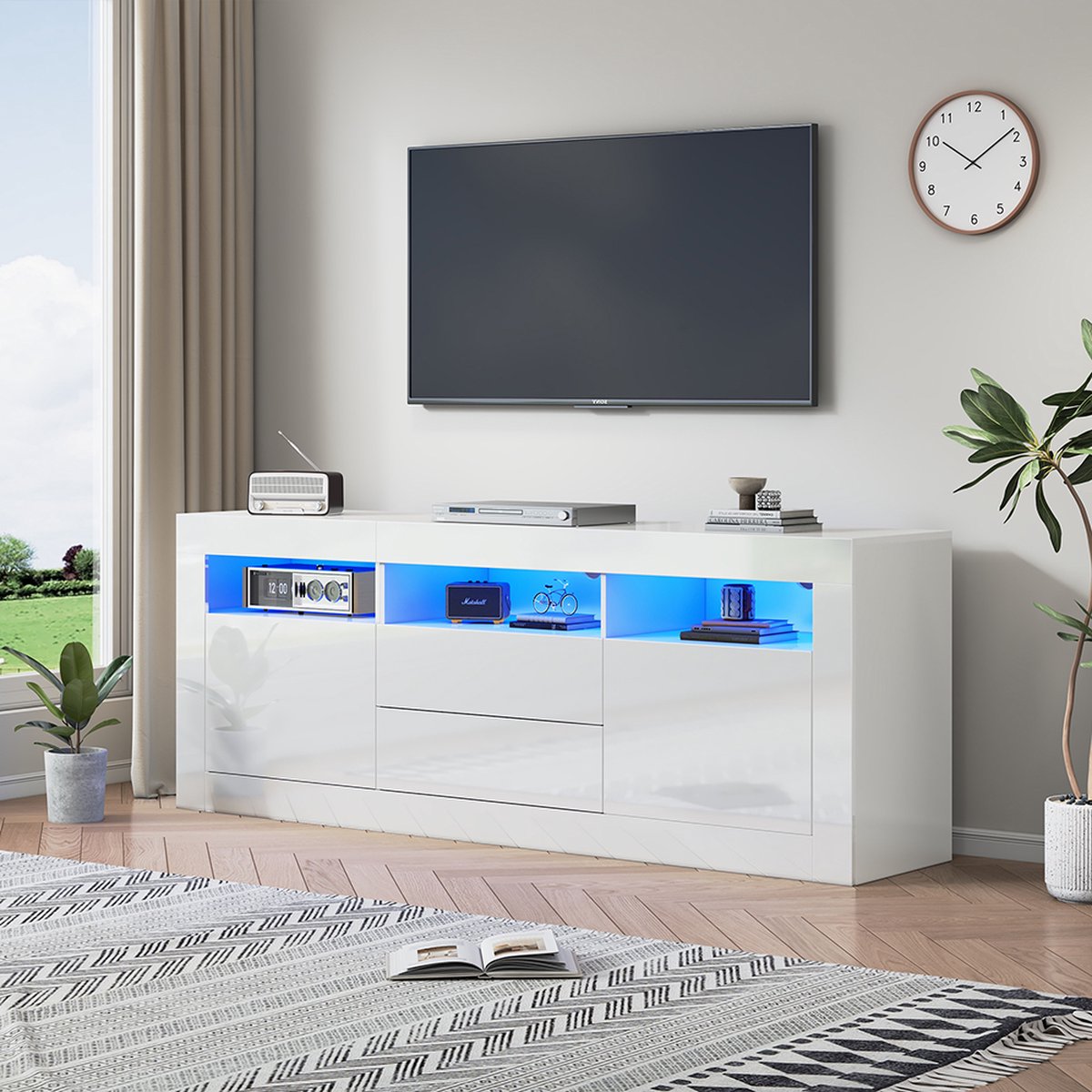 KOMHTOM TV Meubel TV-kast met LED-verlichting 3 open vakken 2 deuren 2 lades Smart App-bediening voor 70-inch TV wit
