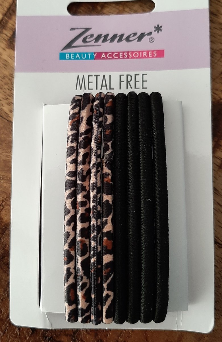 Zenner haarelastieken medium - metal free - 8 elastiekjes zwart en tijger/panter print bruin - haarelastiekjes - metaalvrij