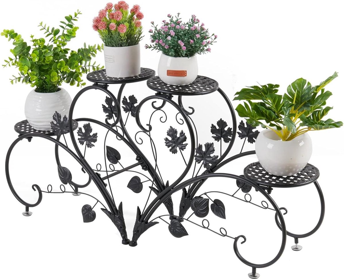 Plantenrek met 4 planken - Smeedijzeren plantenhouder voor bloempotten - Maximale belasting 20 kg - Huis balkon terras tuin - Buffet - 90 x 42 x 21 cm - Zwart