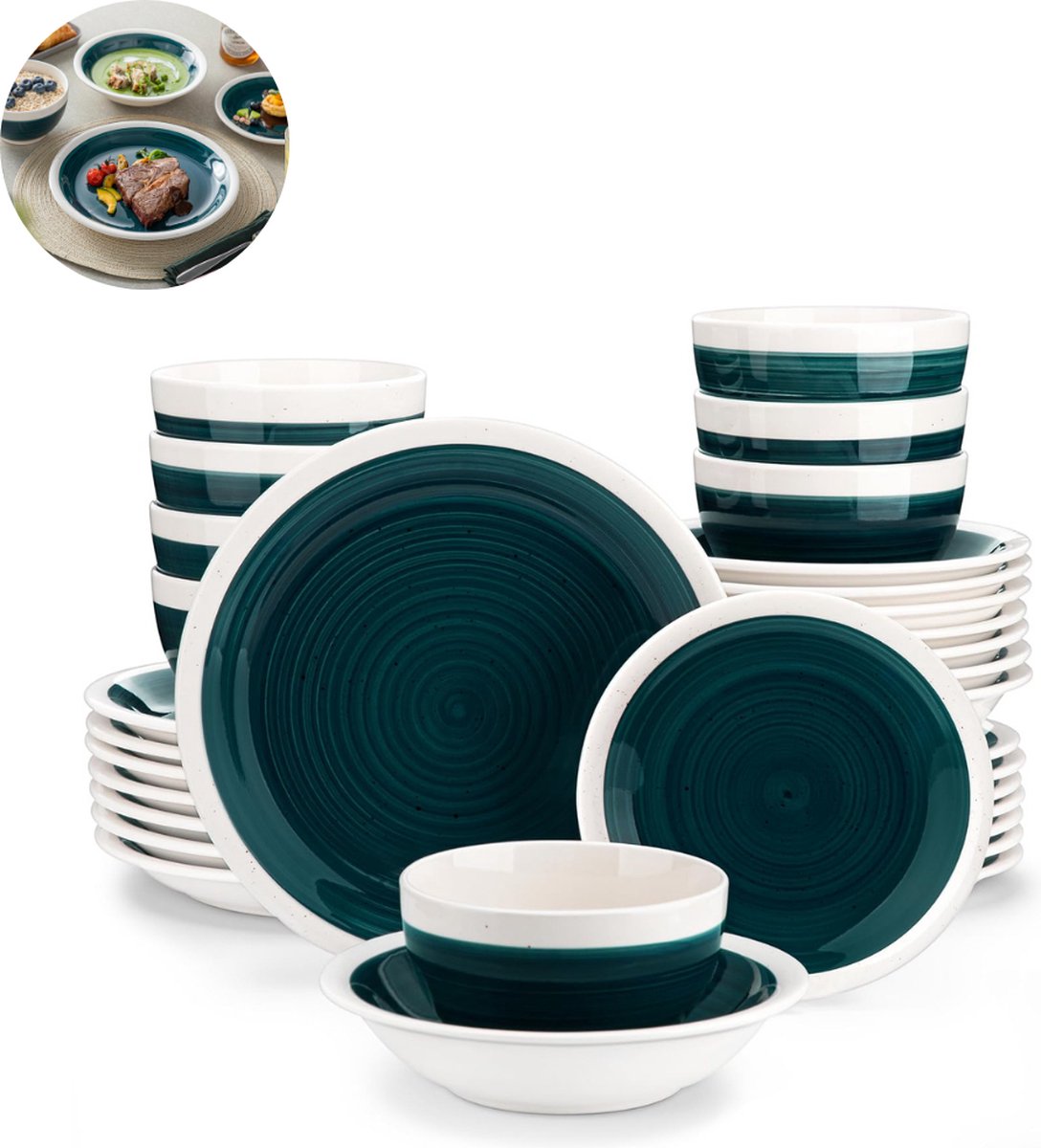 Luxe Serviesset – 32 delig – 8 persoons – Porselein - Bordenset – Dinner platen – Dessertborden - Kommen - Schaaltjes - Groen