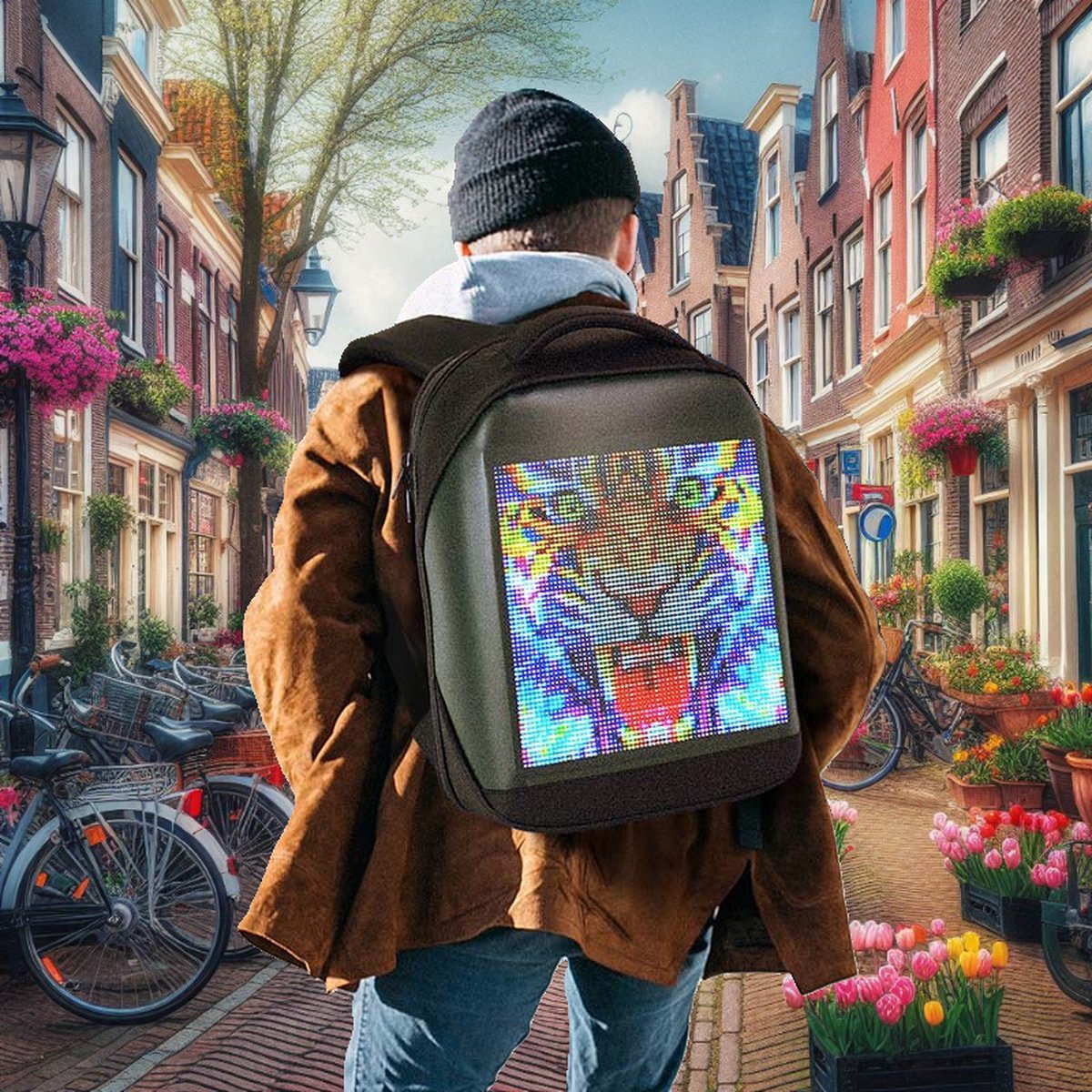 Laptoprugzak, doe-het-zelf slimme reistas met kleurenscherm 15 inch harde schaal LED-rugzak voor heren dames, Bluetooth-verbindingsapp om het scherm te bedienen,Black Led