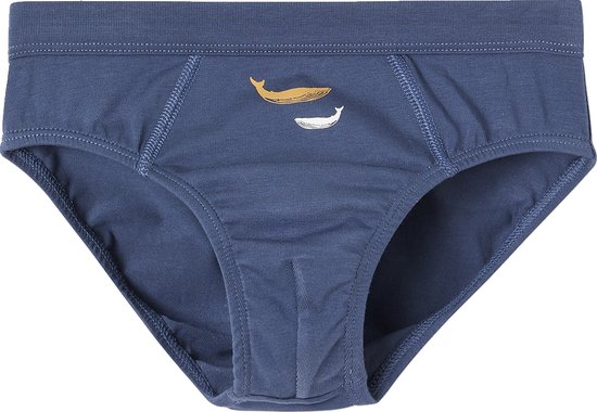 Donkerblauwe slip met afbeelding van een gele en een witte walvis.