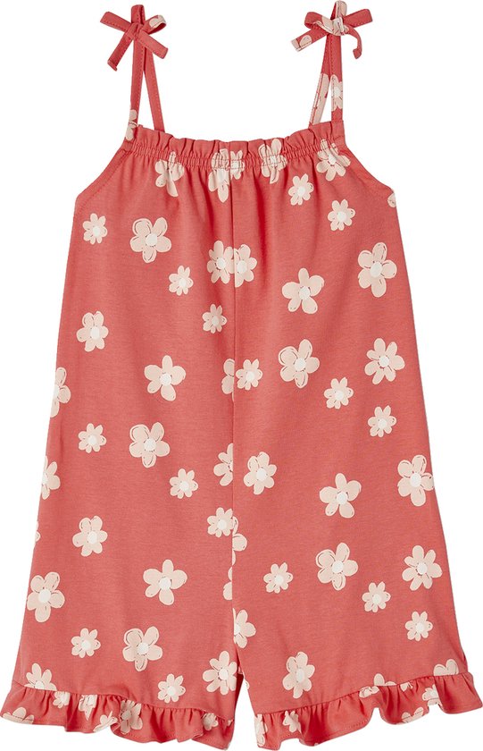Roze short met bloemenprint, ruches en strikbandjes.