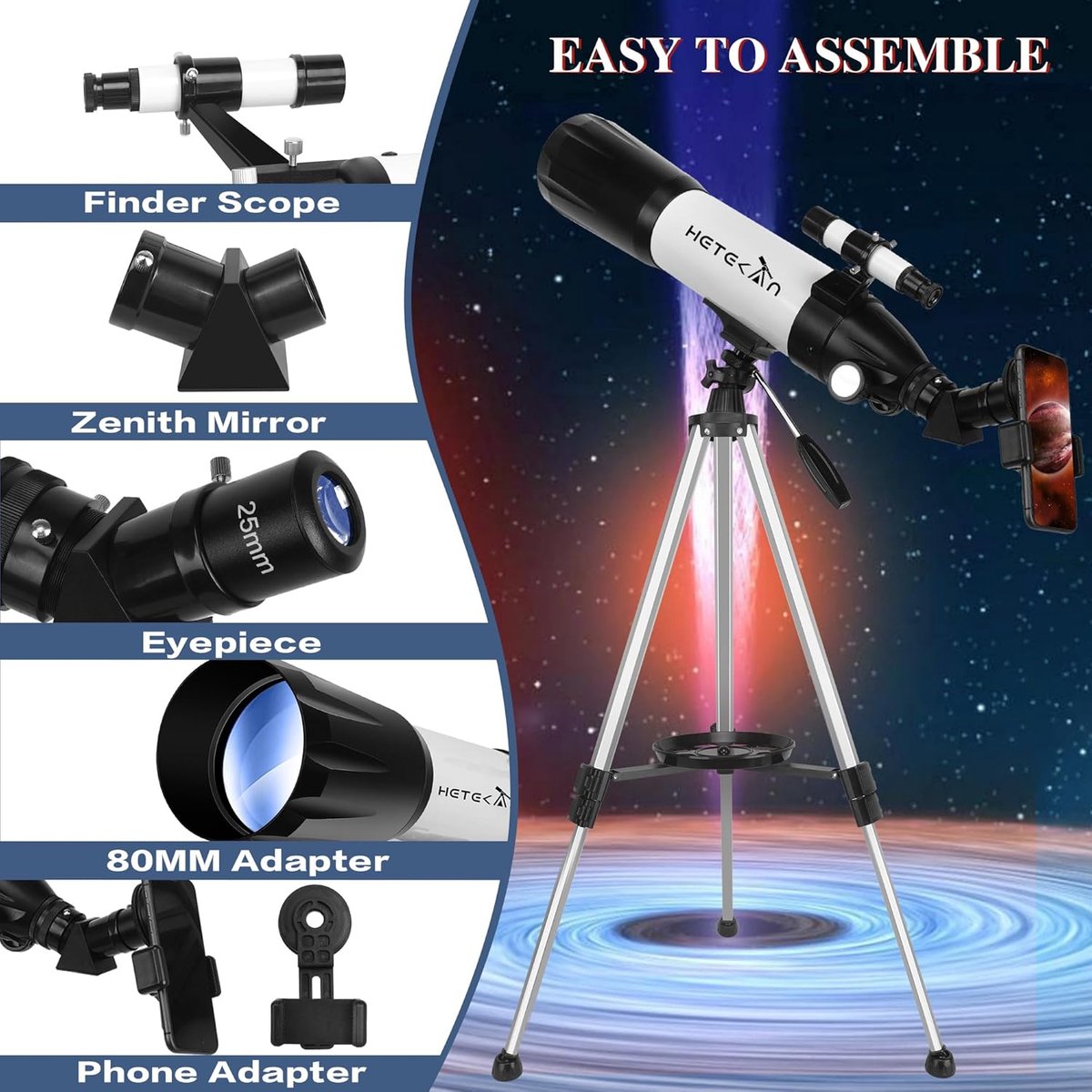 Télescope Astronomique Débutant 80/600mm - Avec Trépied, Oculaires 25mm Et 10mm, Adaptateur Smartphone - Idéal Famille