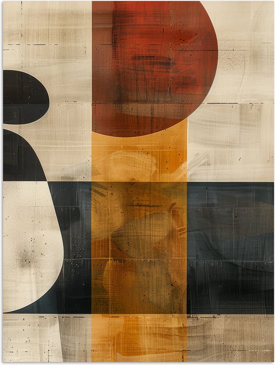 Abstract schilderij met een grote rode cirkel, oranje en donkere blokken, met zichtbare textuur.