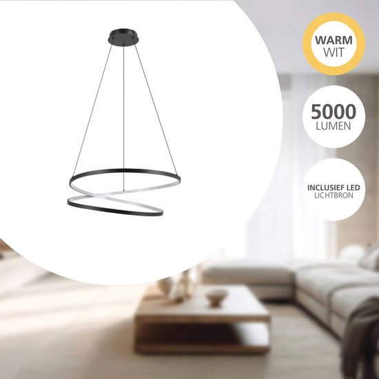 Zwarte hanglamp met 2 ringen, warm wit licht, 5000 lumen, inclusief LED