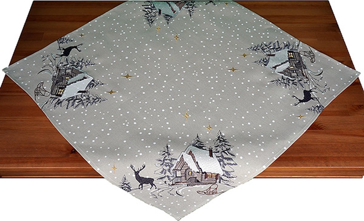 Tafelkleed - Kerst - Ecru - Wintertafereel met sneeuwvlokken - Vierkant 85 cm