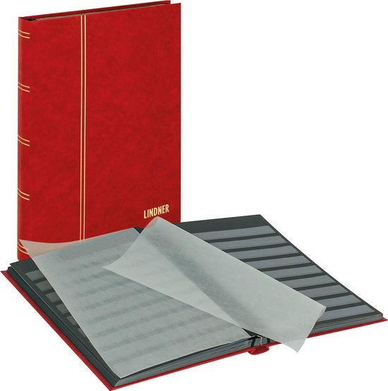 Een rood LINDNER insteekalbum en een geopend insteekalbum met transparant tussenblad.