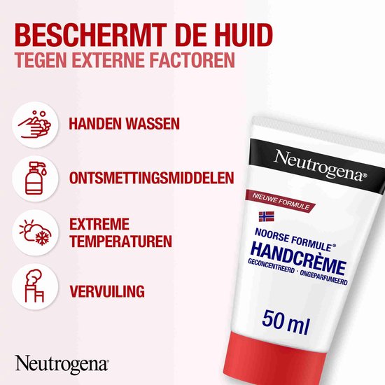 Witte tube Neutrogena handcrème, 50 ml, met Noorse vlag en tekst 'Noorse Formule Handcrème'. Ikonen van handen wassen, desinfectiemiddelen, zon en vervuiling.