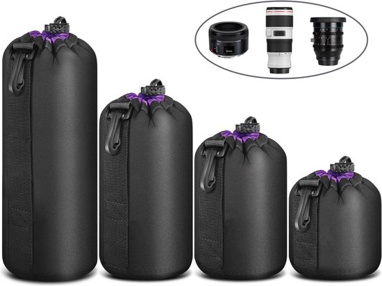 Lens Pouch Set - 4 stuks - Waterbestendige - Lens Container Bescherming - lens case - Lens Beschermhoes - Lenstas Pouch - Geldt voor alle merken - Lensbuidel - Lenshoes - Beschermhoes Cameralens - voor camera en lens - waterbestendige - Lenzen niet i