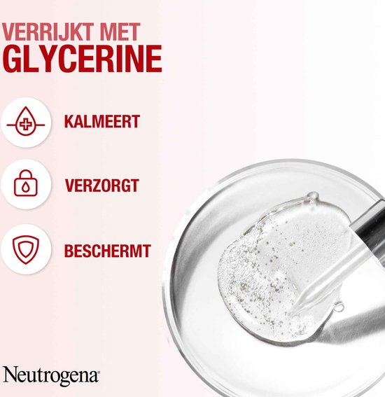 Een pipet brengt een heldere vloeistof met belletjes in een schaaltje. Icoon van een hartje met een plus, een slotje en een schild. Tekst 'Verrijkt met glycerine'.